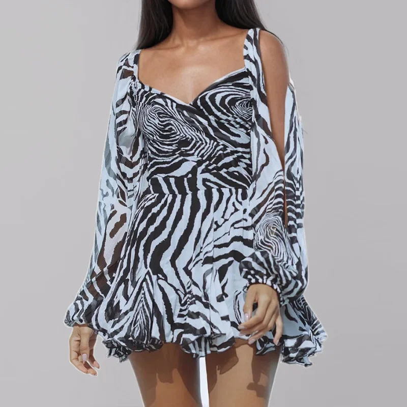 Fashion V-neck Split Lantern Long Sleeve Dresses Women Leopard Print Sexy Backless Bandage Mini Dress Female Party A-line Robes