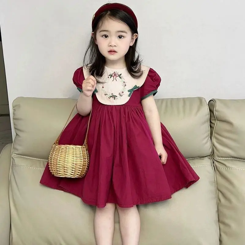 

Baby Girls Dress 2025Summer New Fashion Retro Embroidered Princess Dress with Puffed Sleeves Childrens Clothes