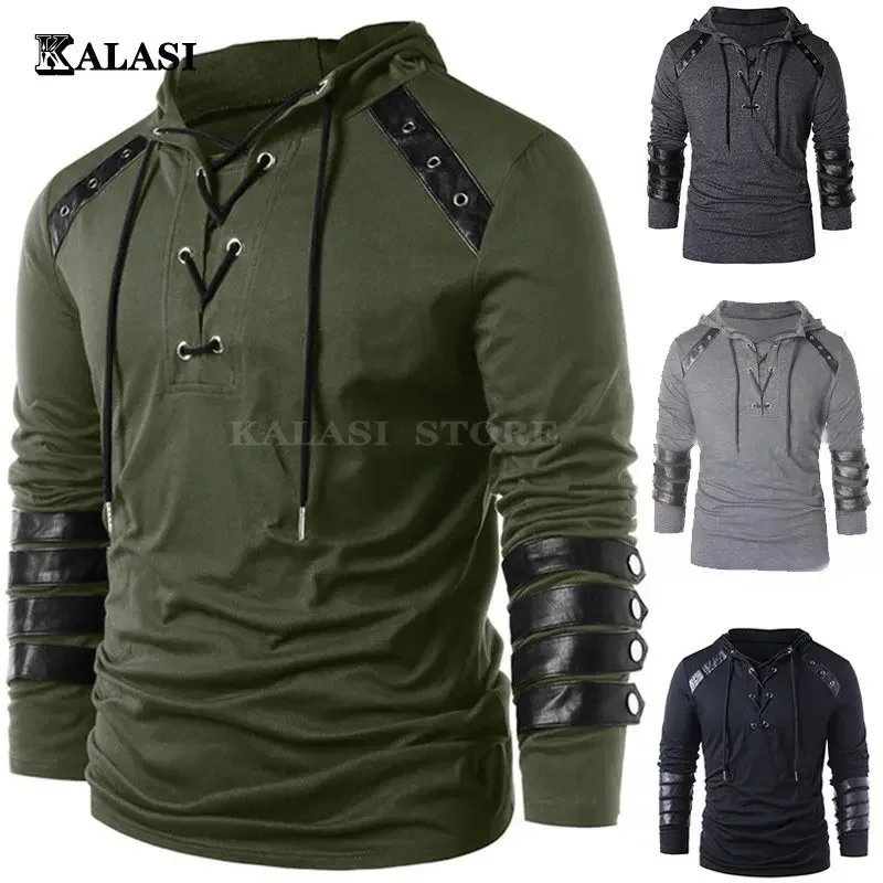 Camiseta Medieval para hombres adultos, sudadera gótica Steampunk con cordones, Jersey de manga larga con capucha, camisetas de Halloween, Tops