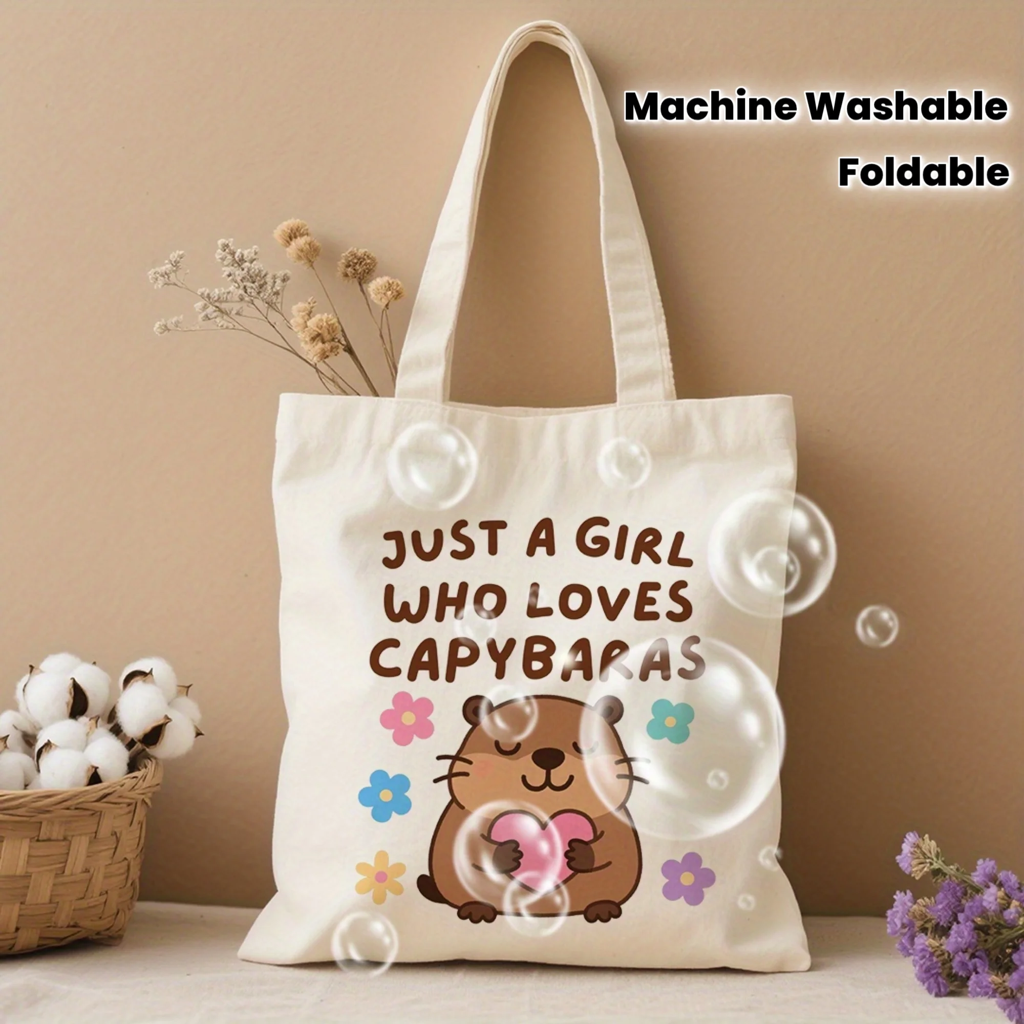 

1pc, "Just a Girl Who Loves Capybaras" Capybara Loving Themed Canvas Bag, Reusable Grocery Bags (35.05cm X 39.88cm), with Should