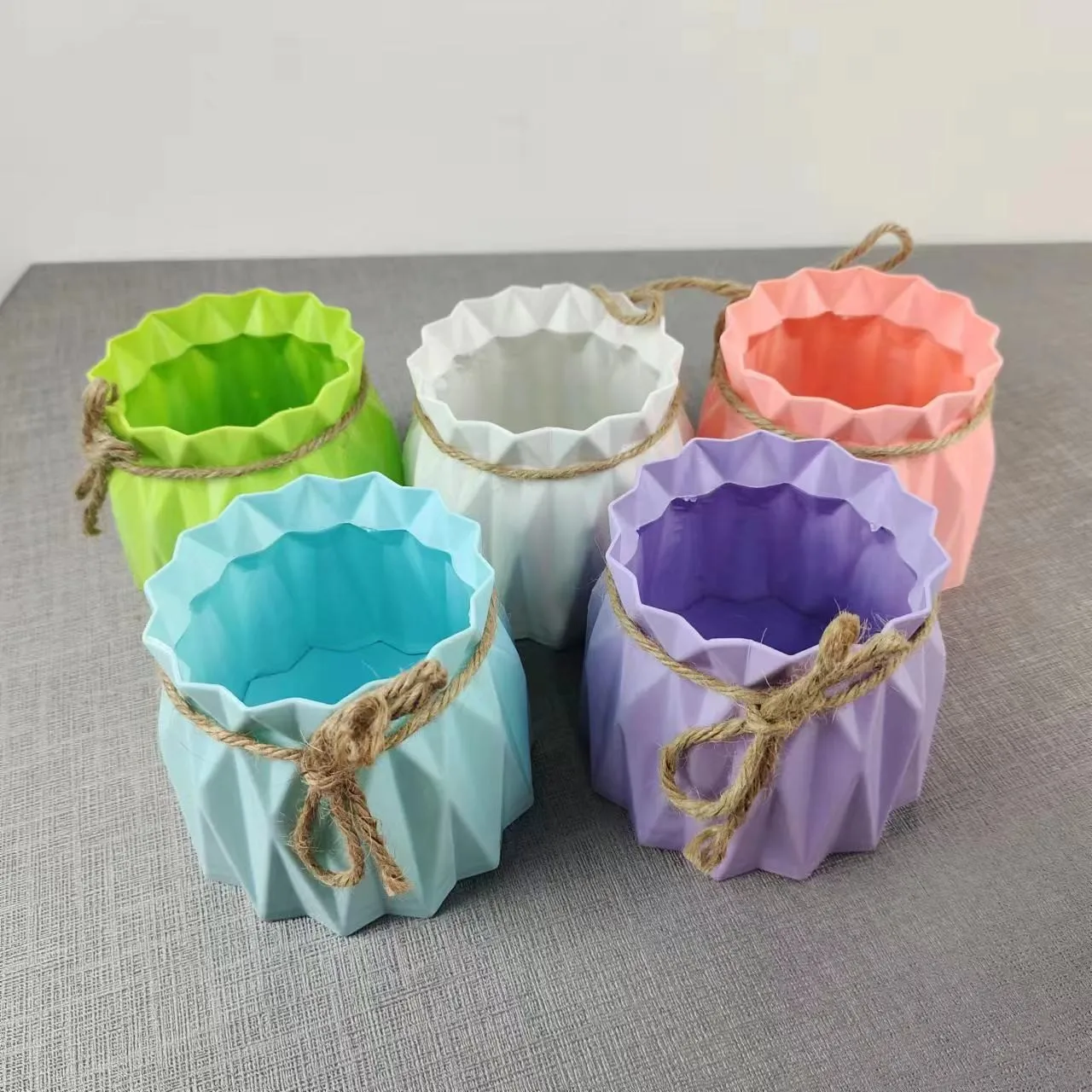 Vase en plastique pliable origami créatif, couleur macaron, pot à fleurs moderne, corde de jute, jardinière décorative