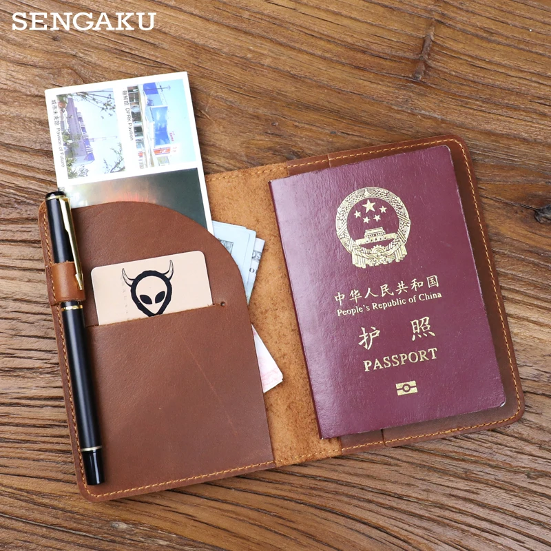 Women Men Passport Cover Genuine Leather Travel ID Credit Card Passport Holder Packet Wallet Purse Passport Bags Pen Ring