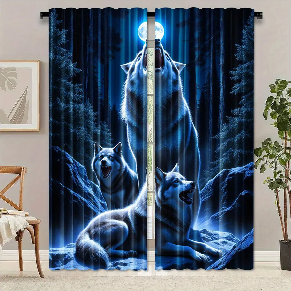 Mysterious Moonlit Wolf Curtain 2 Panels Deep Blue Fir Forest Wild Rock Scenery Inn Room Print Window Curtain Lodge Wilderness