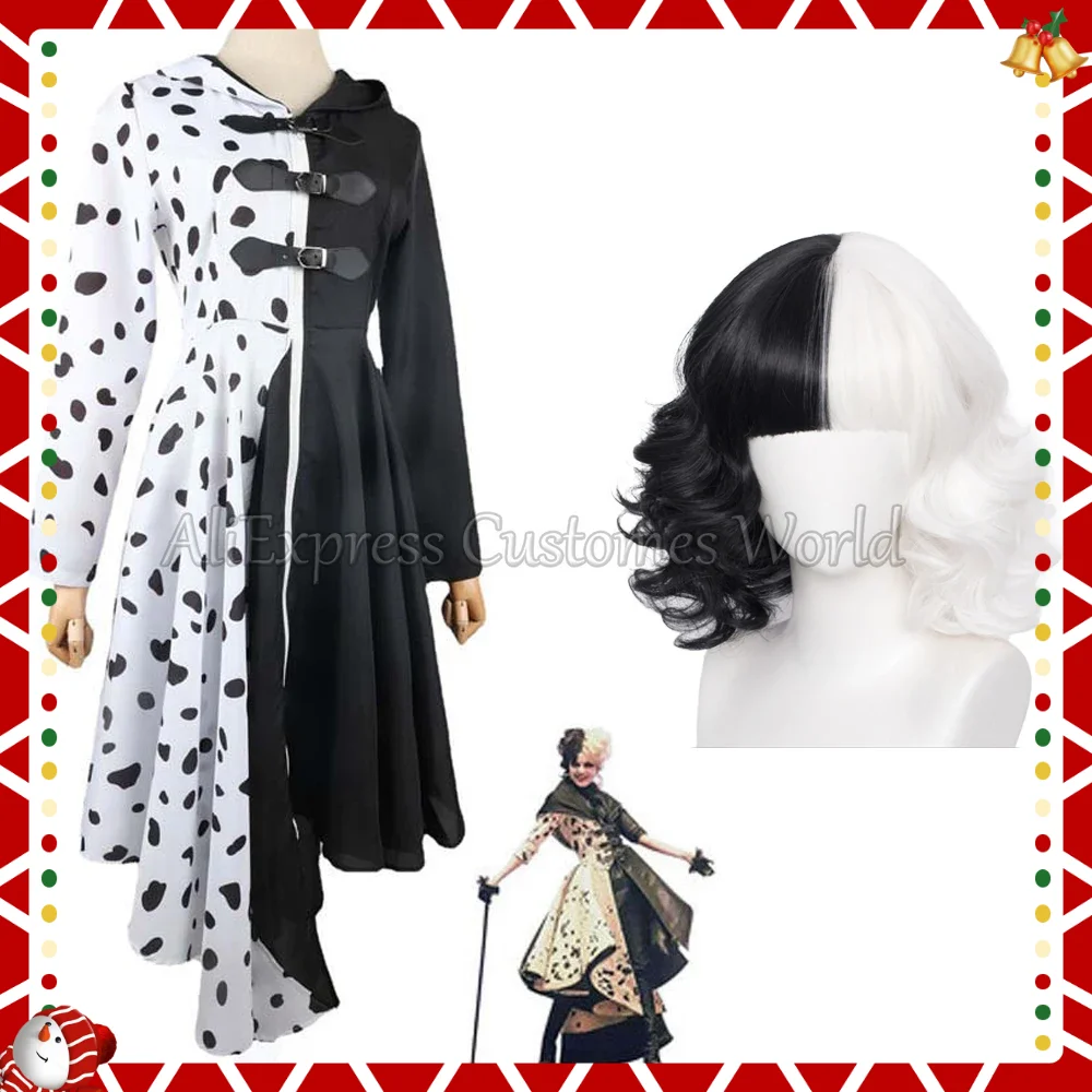 Queen DeVil Cruella 101 Cani Cos Spot Dress Anime 101 Cani Crudelia Costume Cosplay Halloween Outfit Mantello Vestito Per Le Donne Adulte