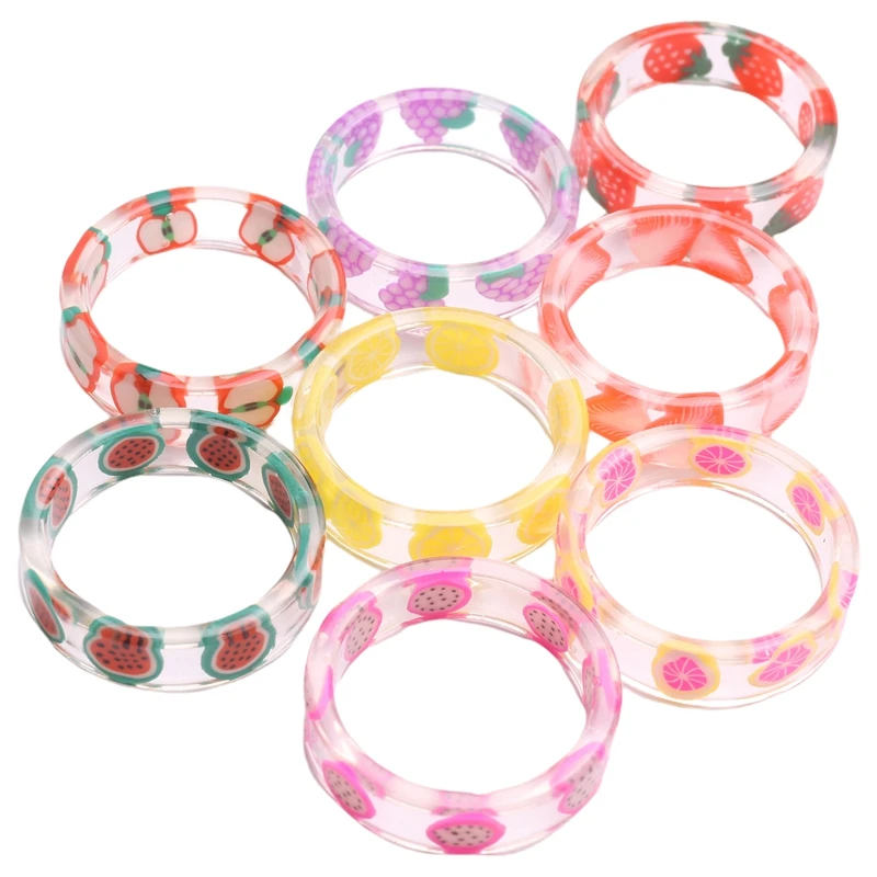 8Pcs Resin Fruit Rings Set Cute Transparent Plastic Resin Ring Jewelry for Women Teen Girl Indie Aesthetic