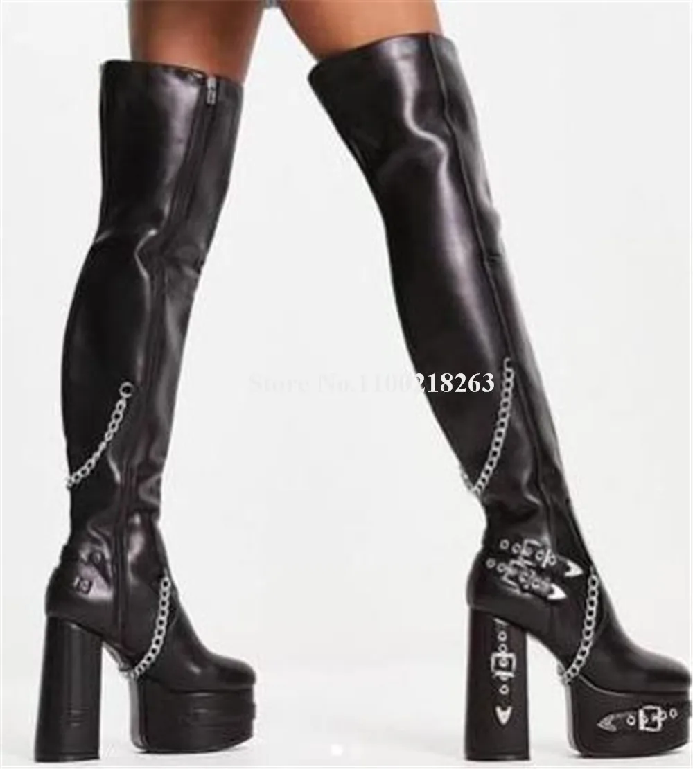 Newest Black Metal Buckles Decorated Chunky Heel Boots Slim Black Matte Leather High Platform Silver Chains Long Thick Heel Boot