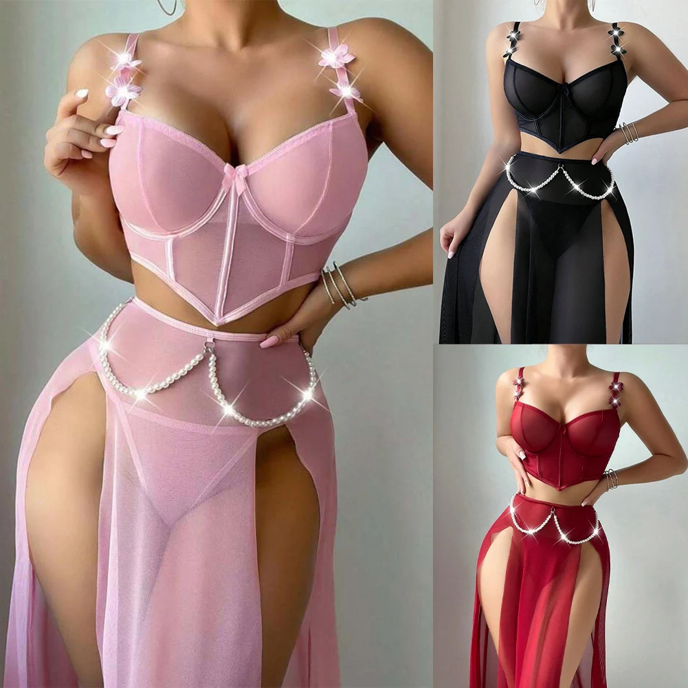 

Women Sexy Lingerie Pajamas Dress Mesh Long Skirt Pearl Chain Long Slip Dress Ladies Erotic Nightdress