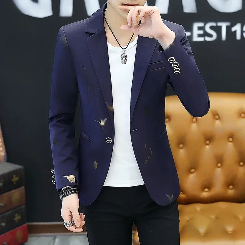 Men's Korean Slim Suit Blazer Summer Handsome Personality Printed Small Suit Night Men's Casual Suit Thin Jackets