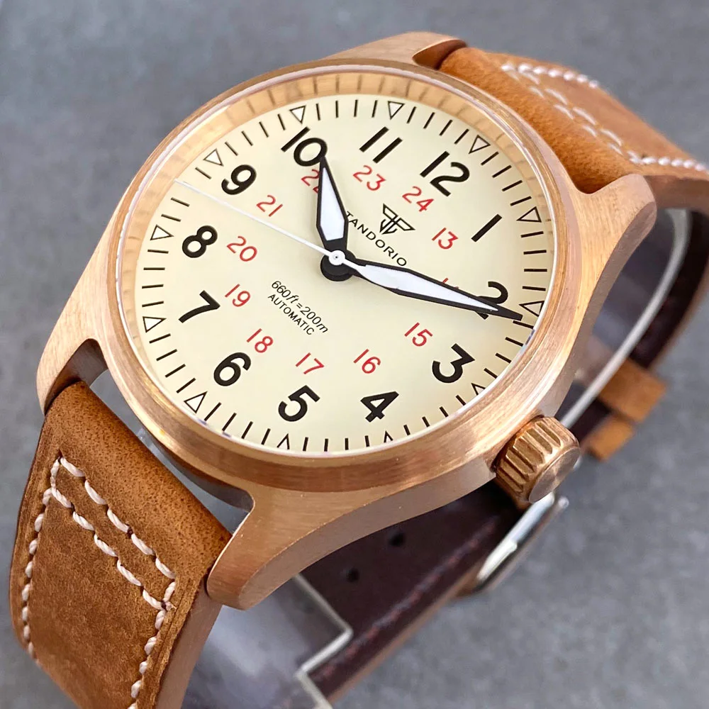 

CUSN8 Solid Bronze 39mm Pilot Automatic Diving Watch For Men Tandorio 200m Waterproof Luminous NH35A PT5000 Sapphire Glass