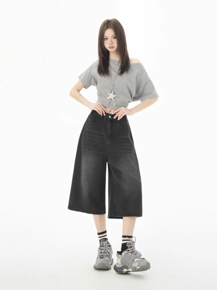 REDDACHiC Acubi แฟชั่นผู้หญิงเบอร์มิวดากางเกง Clean Fit Casual PLAIN หนวดขากว้างสีดํา Jean กางเกงขาสั้น Punk VINTAGE Streetwear