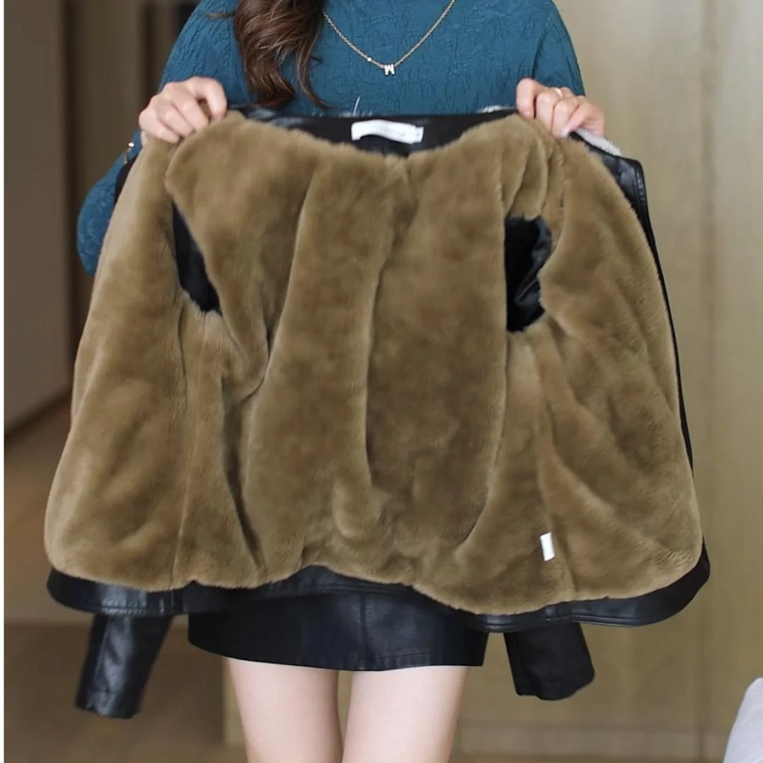 Women's Fce Lined Thiened Leather Jaet Autumn 2024 Casual Commute Sle Loose Fit Long Sve  Collar Single Button