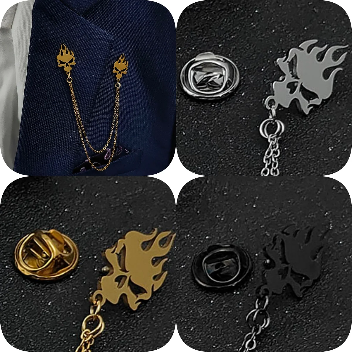 Metal Brooch Double Flame Skull Lapel Pin With Chain Suit Collar Badge Punk Gothic Style Decor Accessory For Men Women