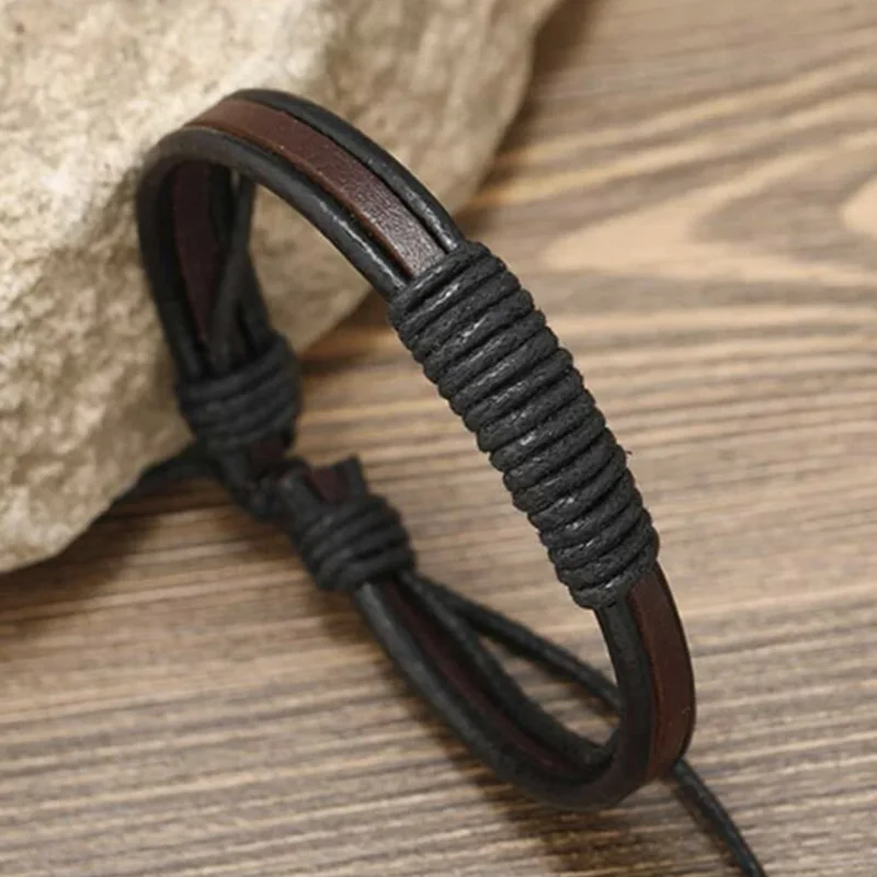 Handwoven Brown Color Leather Bracelet Vintage Style Adjustable Men\'s Bangle