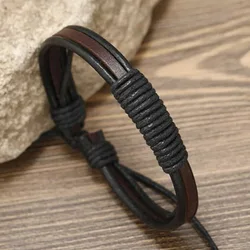 Handwoven Brown Color Leather Bracelet Vintage Style Adjustable Men's Bangle