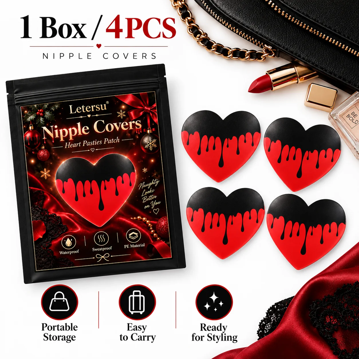 4PCS Heart Shaped Nipple Covers for Women, Black Red Waterproof Breast Pasties, Self Adhesive Bra Stickers for Party Outfits
