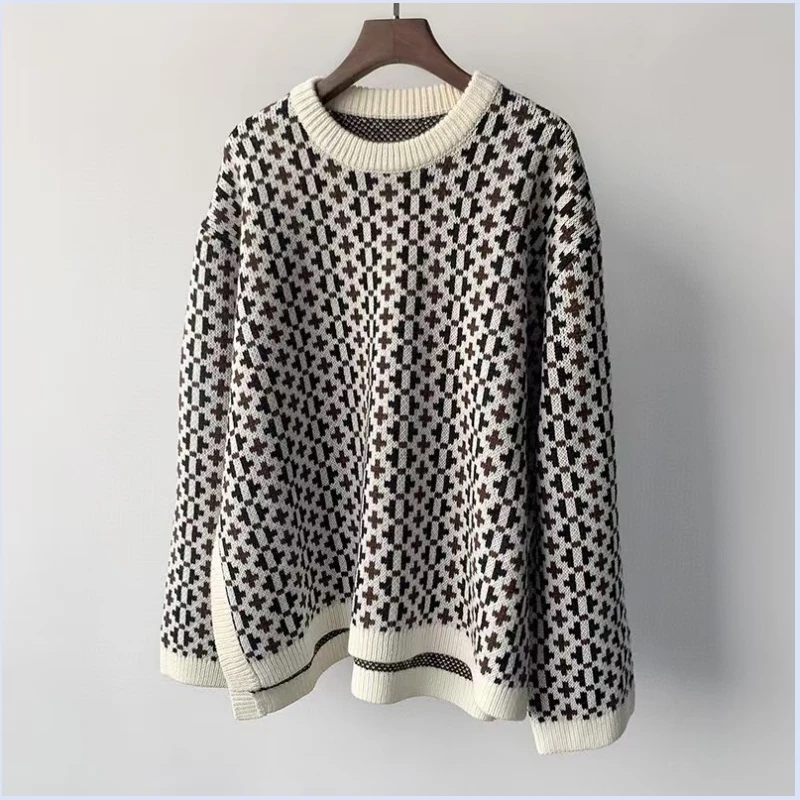 Swedish niche autumn/winter Norway style cross patterned irregular hem slit loose fit wool sweater