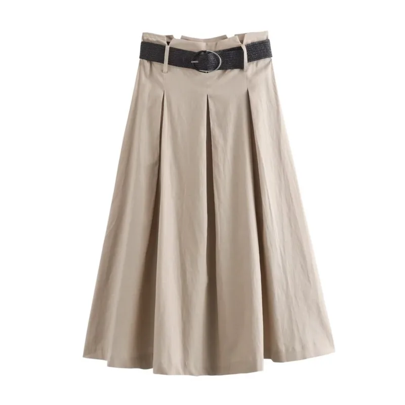 

Midi Skirt With Belt for Women Summer Loose High-waist Linen Blend Long Skirt Flared Hem Wide Pleated Casual Skirt