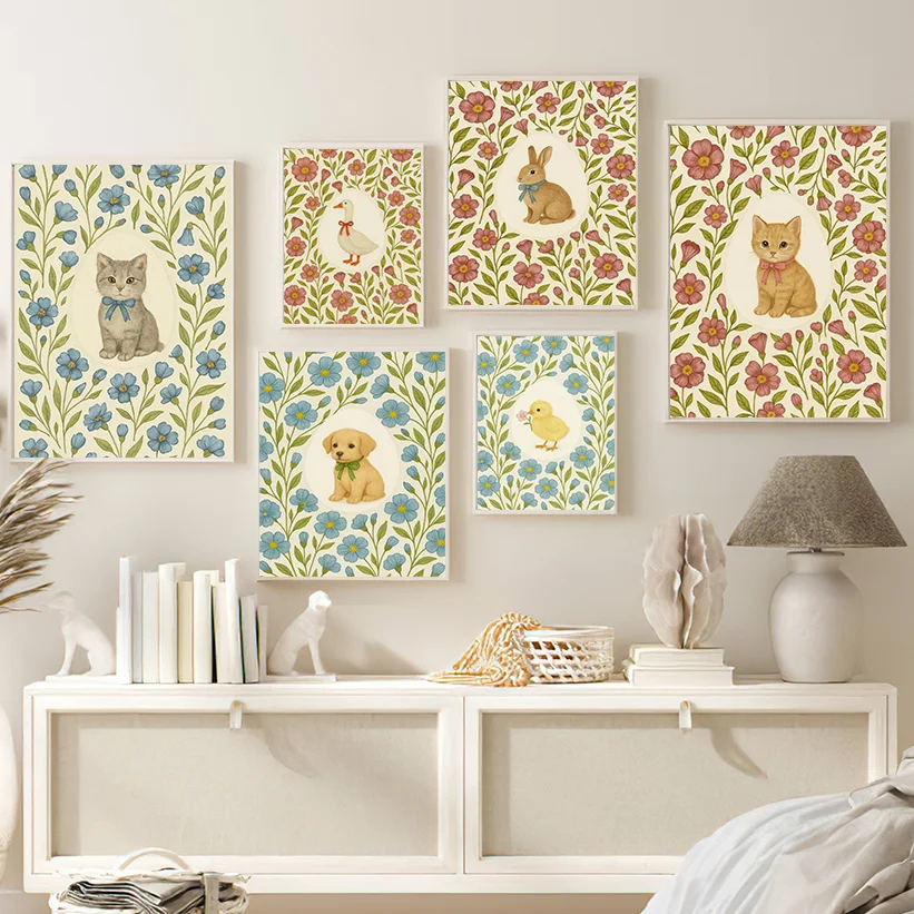 Cute Animal Floral Canvas Poster, Frameless Kids Room Wall Art Print, Vintage Farmhouse Style Home Decor, Living Room Wall Decor