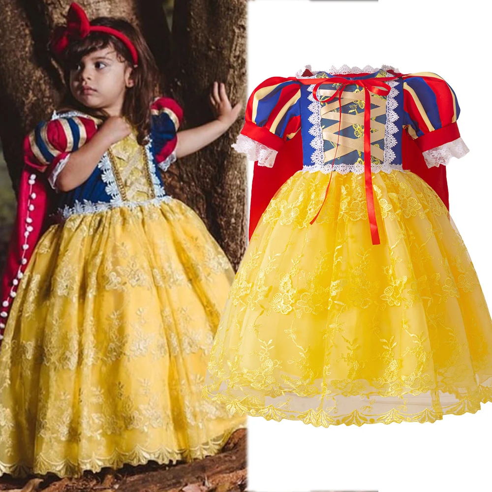 

Baby Girl Snow White Princess Dresses With Cloak Fancy Embroidery Bow 1st Birthday Party Gown Cosplay Costumes Halloween Outfits