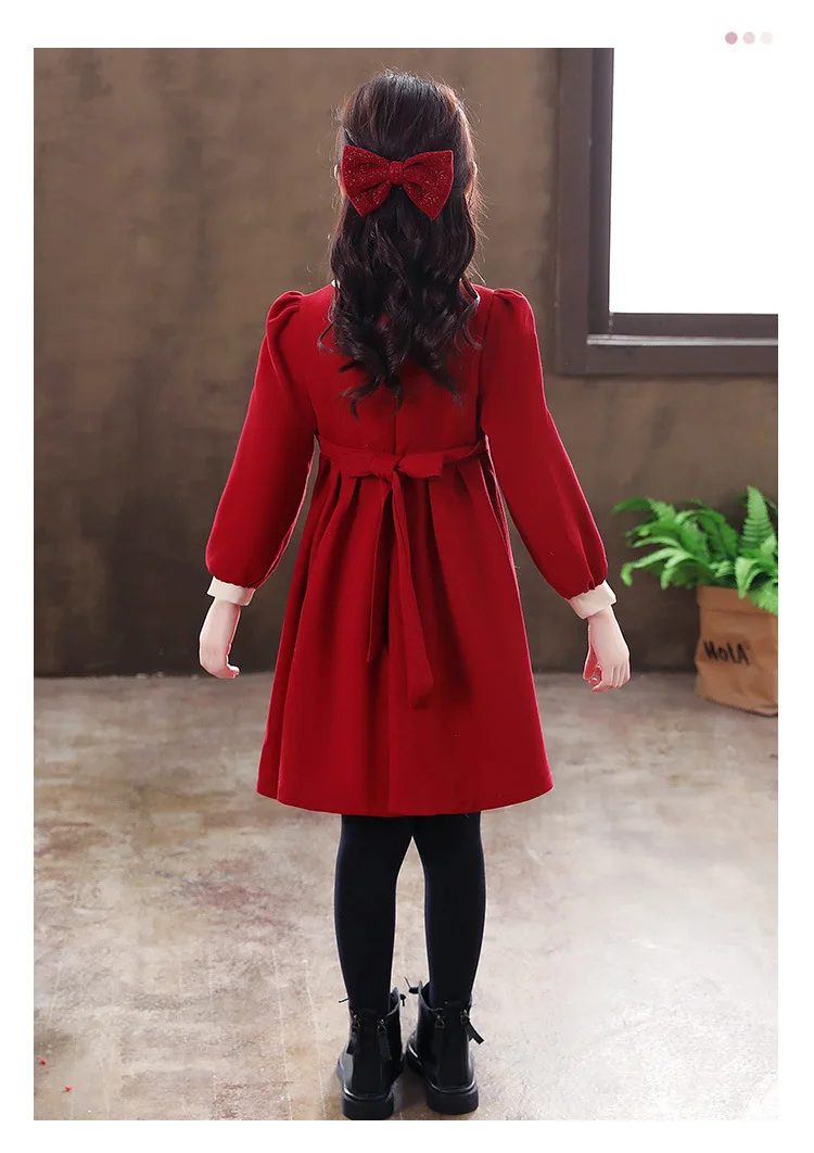 2024 European teens Children Clothes spring Autumn Girls Christmas Dress Kids bow princess button pleated skirt 4 to 12 NEW year