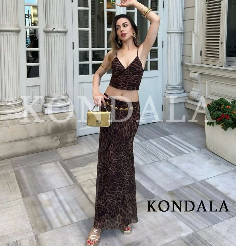 KONDALA Women Sexy Leopard Mesh Tulle Skirt Set 2026 Summer Trendy High Street Holiday Chic Set Female Y2K Camisole , Midi Skirt