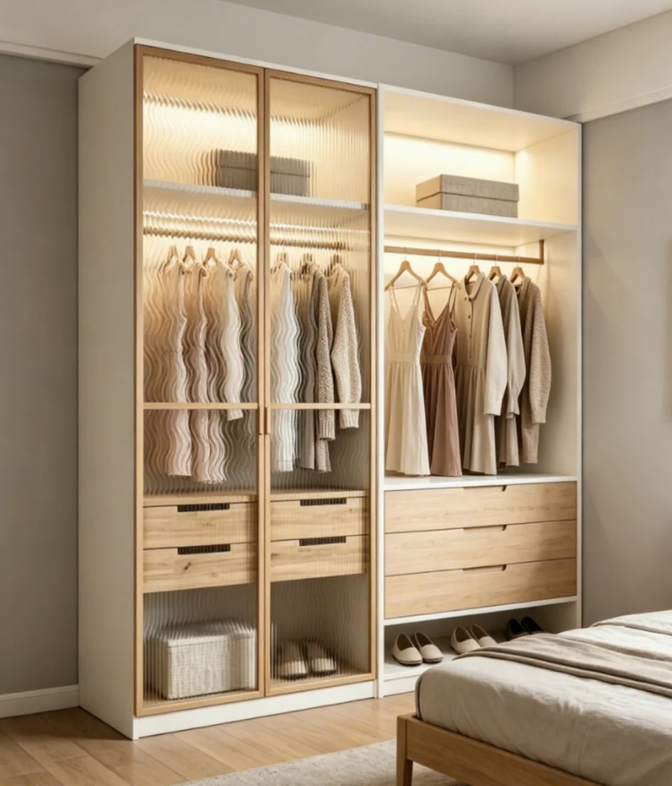 jy-Modern Modular Wardrobe System with Solid Wood Doors Open Hanging Area Customizable Double Zone Storage for Hotel Use