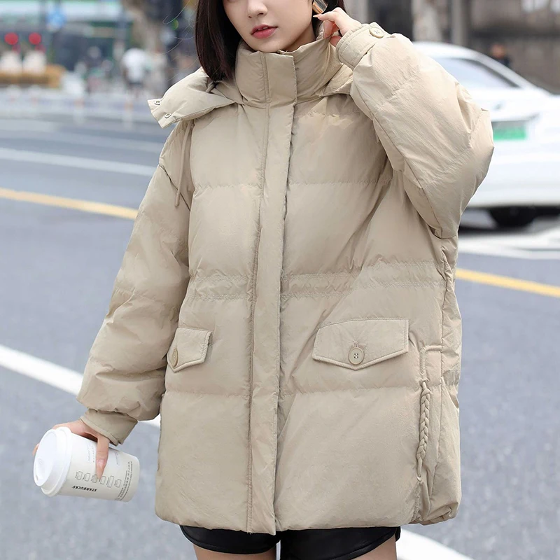 Women Hooded Down Coat Fashion Solid Color Warm Parkas Autumn Winter Drawstring Waist Long Sleeve White Duck Down Casual Jacket