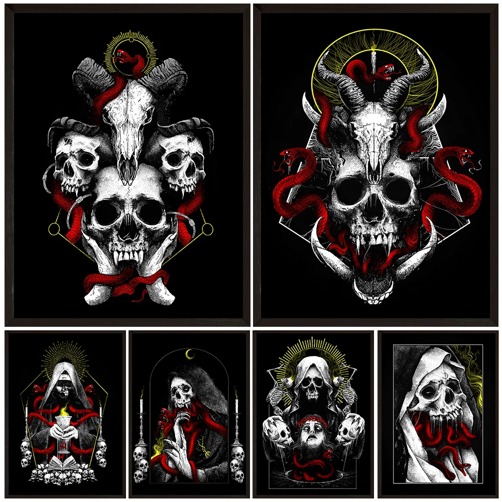 

Red Snake And Demon Skull Black And White Abstract Wall Art Canvas Painting,Pagan Witchcraft Horror Art Poster Print Home Decor
