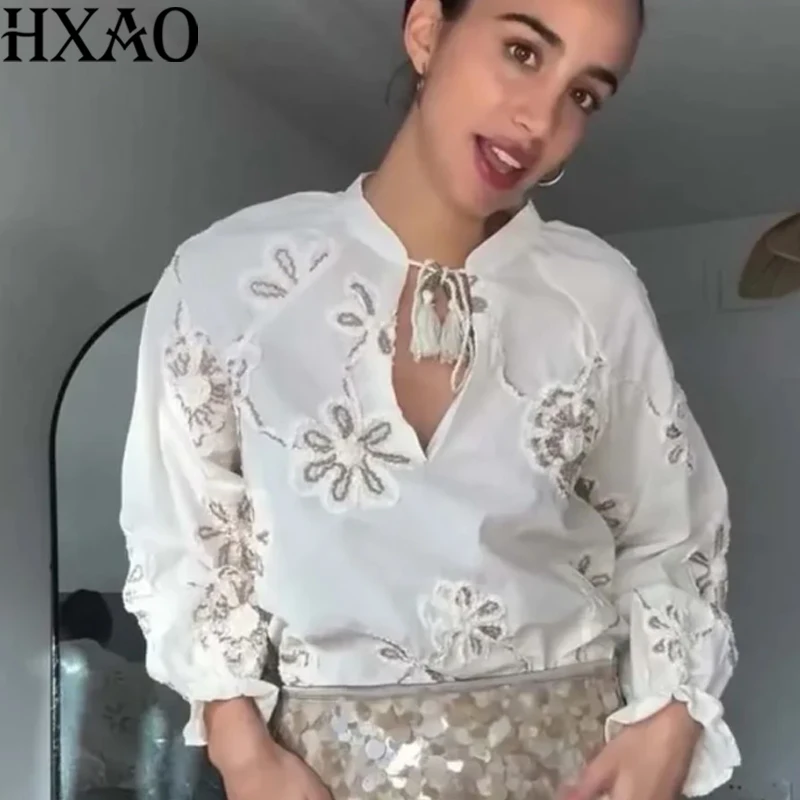 

HXAO Flower Embroidered Blouse Woman 2025 Tied Women's Elegant Blouses Fringe Long Sleeve Top Pretty Blouse Boho Plain Shirts