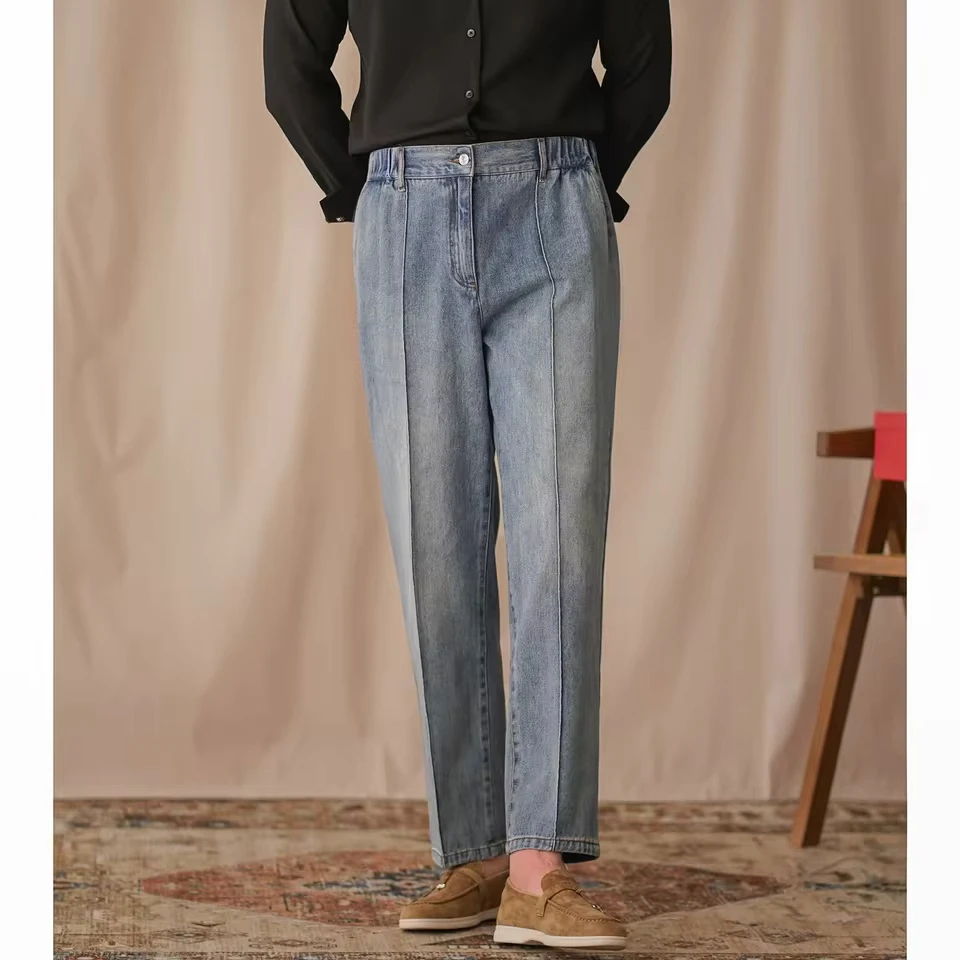 Men's Retro Fashion British Denim Straight Leg Jeans Casual Versatile High Waist Long Pants Business Casual Elastic Waist Trendy