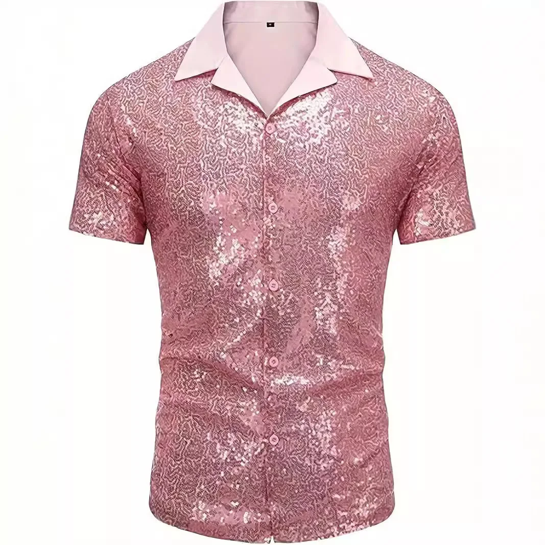 Menswear Shirt Embellished Reflective Short-Sleeve Shirt Rhinestone Dancefloor Glittering Shirt Tailored Slimfit Casual Shirts