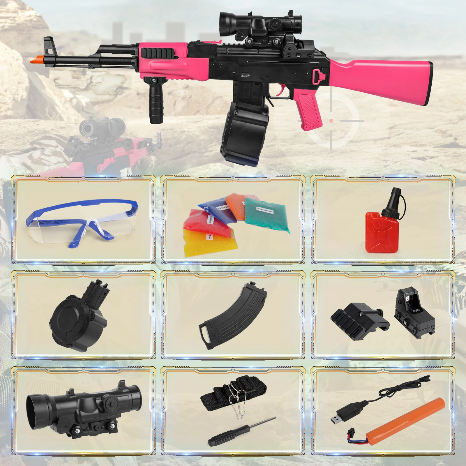 Automatic Gel Ball Blaster,AKM Splatter Ball Blaster Toy with Drum Mag & 50000 Water Beads for Outdoor Shooting Games Kids Gifts