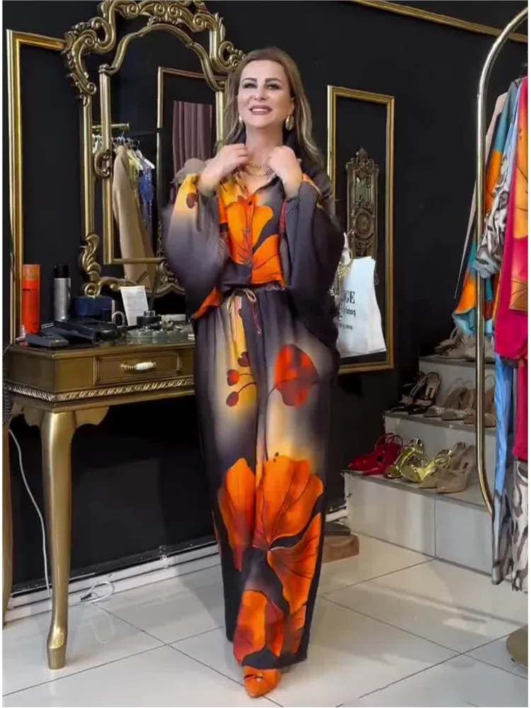 

Lapel Long-sleeved Single-breasted Fashion Shirt Top + Wide-leg Pant 2-piece Set For Women Floral Print Casual Loose Suit Female