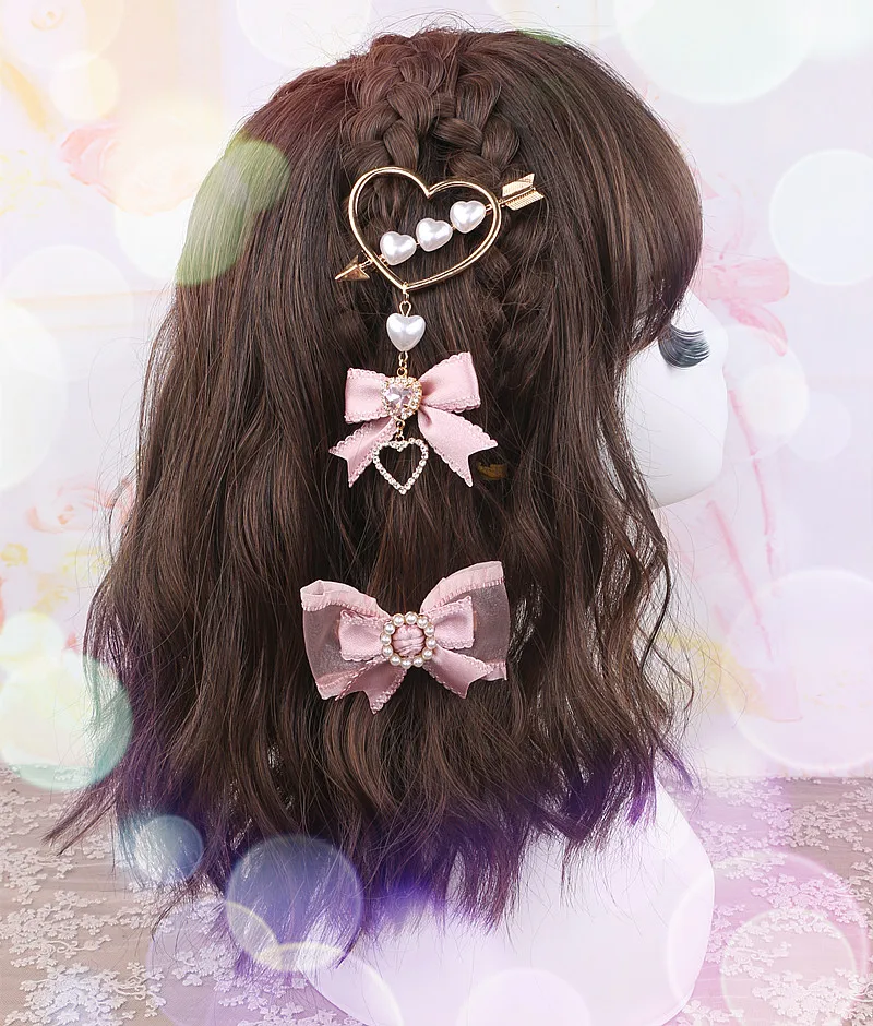 Harajuku دبوس الشعر اليابانية الحلو الألغام اللؤلؤ القلب السهم القوطية لوليتا الشعر القوس حجر الراين الجانب كليب مقاطع الشعر للنساء