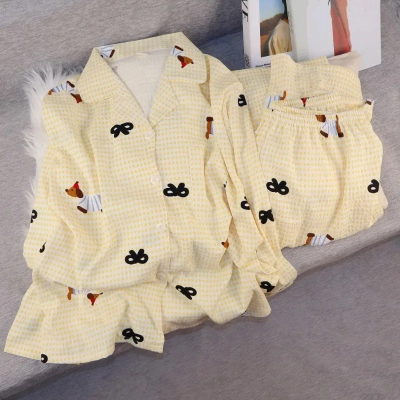 

Cute Dachshund Dog Print Pajamas Set for Women Soft Yellow Plaid Bow Long Sleeve Loungewear Spring Casual Women's Pajamas Set