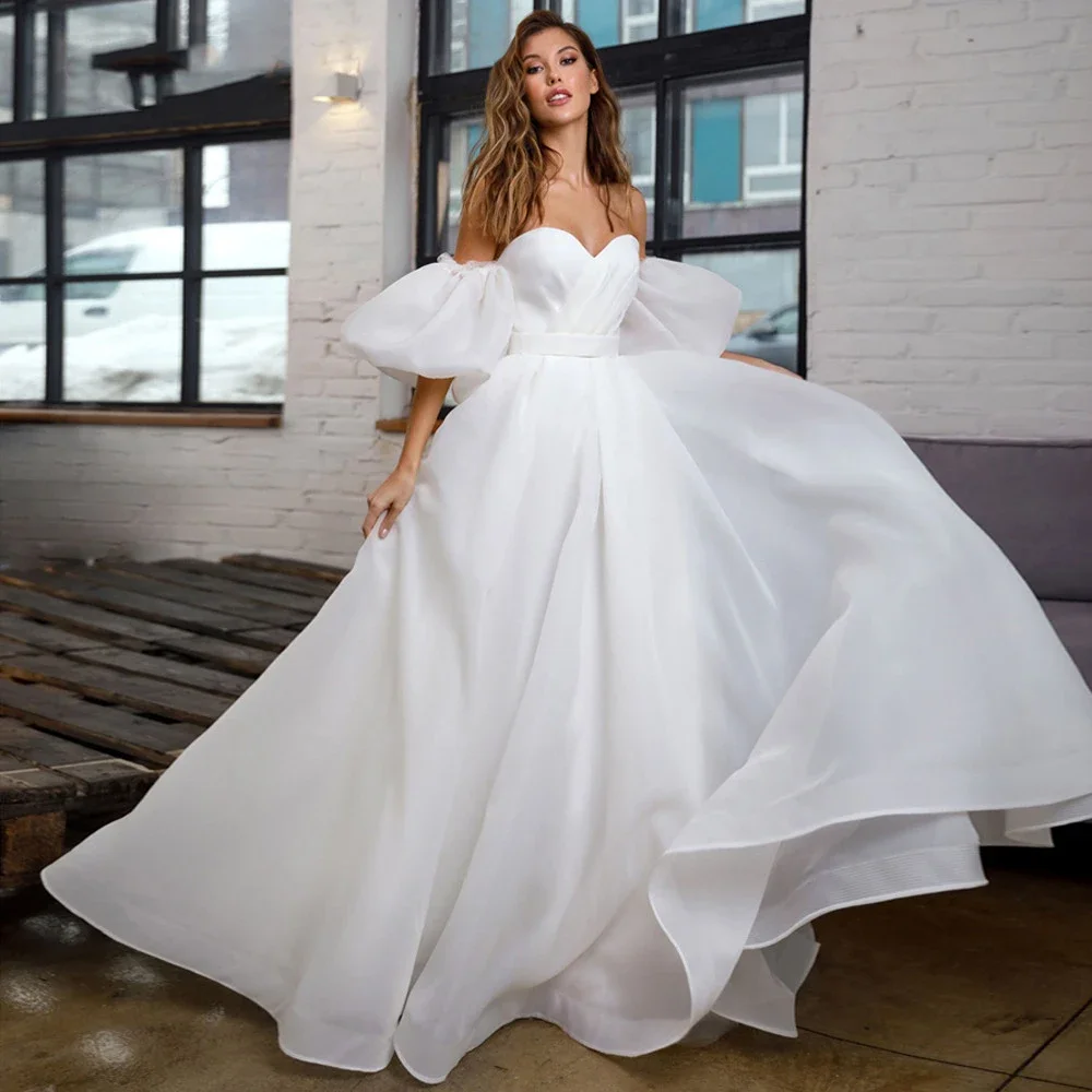 Romantic Tulle Wedding Dresses with Detachable Puff Sleeves Elegant Sweet A-Line Bridal Dress Princess Gowns Vestido de Noiva