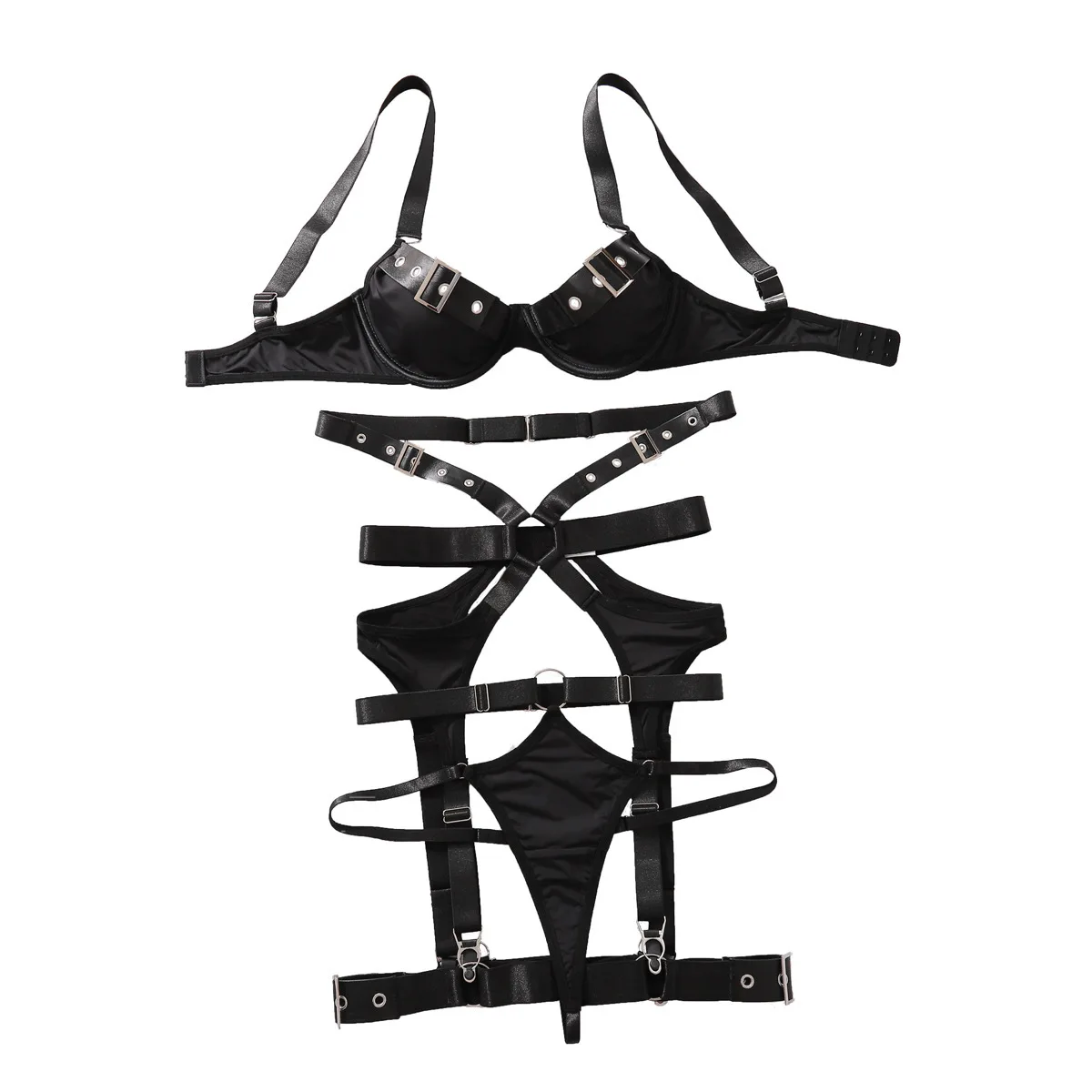 

Black Strap Cross Uniform Strap Lingerie Women's Sexy Gather Fun Underwear Four Piece Set Female See Through Exotic Apparel Suit