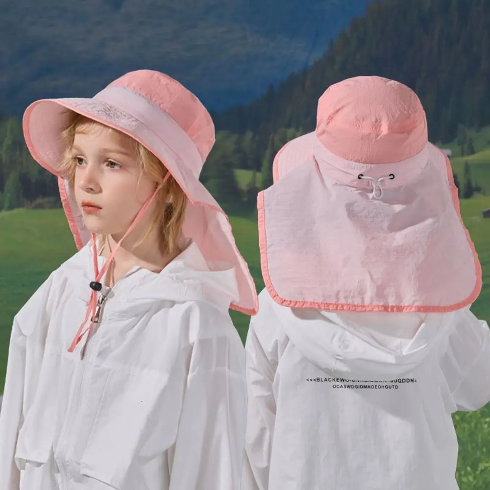 Solid color Children Shawl Sun Hat Large Brim Sun Protection Beach Cap Fisherman Hat Neck Ear Cover Sunscreen Bucket Hat Summer