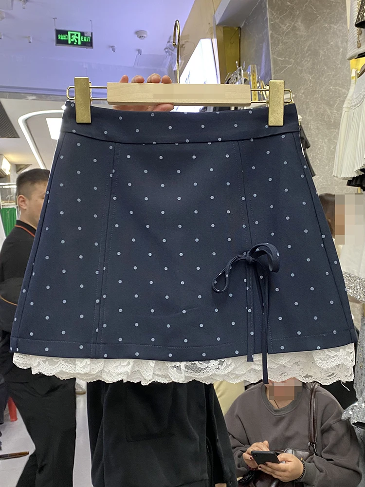 Dophee Cute A-line Bow Lace Elegant A-line Short Skirt 2025 New Spring All-match High Waist Dot Printing Women Mini Skirts