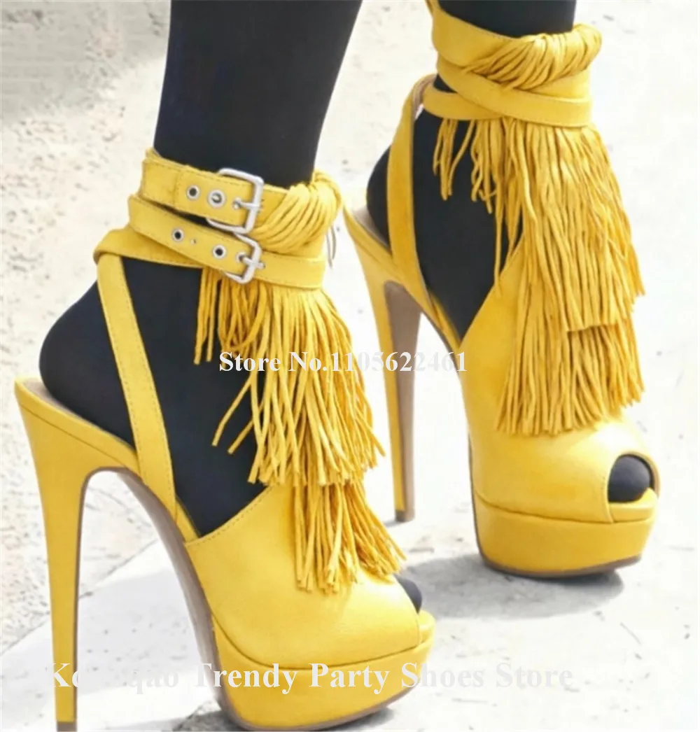 Kqaoqao Charming Yellow Blue Red Suede Tassels Stiletto Heel Pumps Peep Toe Ankle Straps Fringes Platform Party Heels