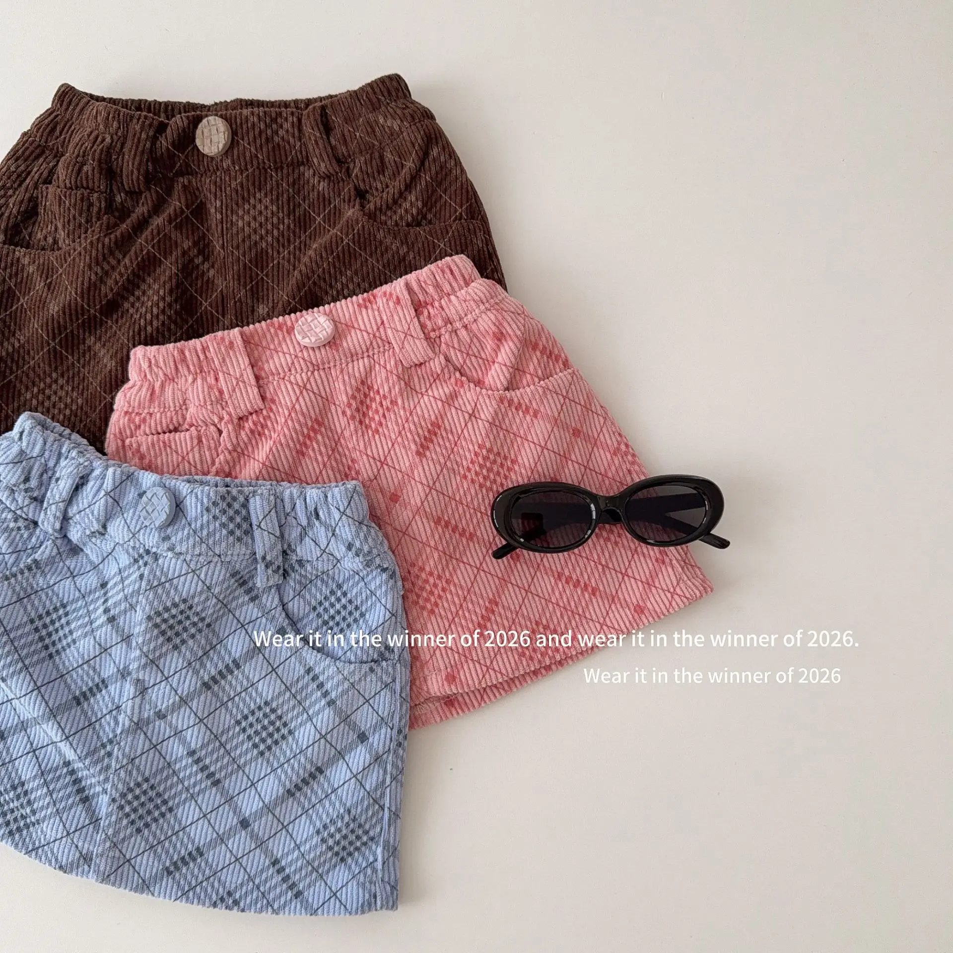 2026 Autumn Winter Girls Corduroy Plaid A-Line Skort Kids Elastic Waist Checkered Skirt Built-in Shorts Sweet Casual Mini Skirt