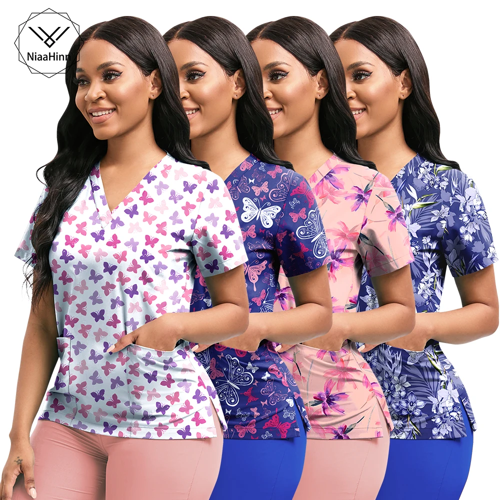 Niaahinn Scrub Print Scrubs Design Stretch Nursing Scrubs Abstract Printed Top V-Neck Print Tops for Women Men Soft Spa Workwear