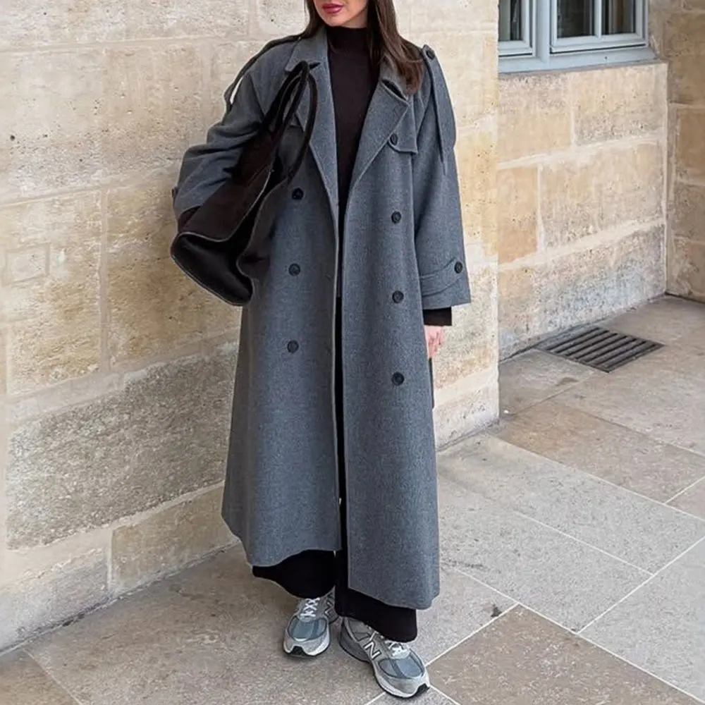 

Autumn Winter Women's Long Woolen Coat Pure Color Lapel Waist-Cinching Belted Jacket Elegant Fashion Outerwear