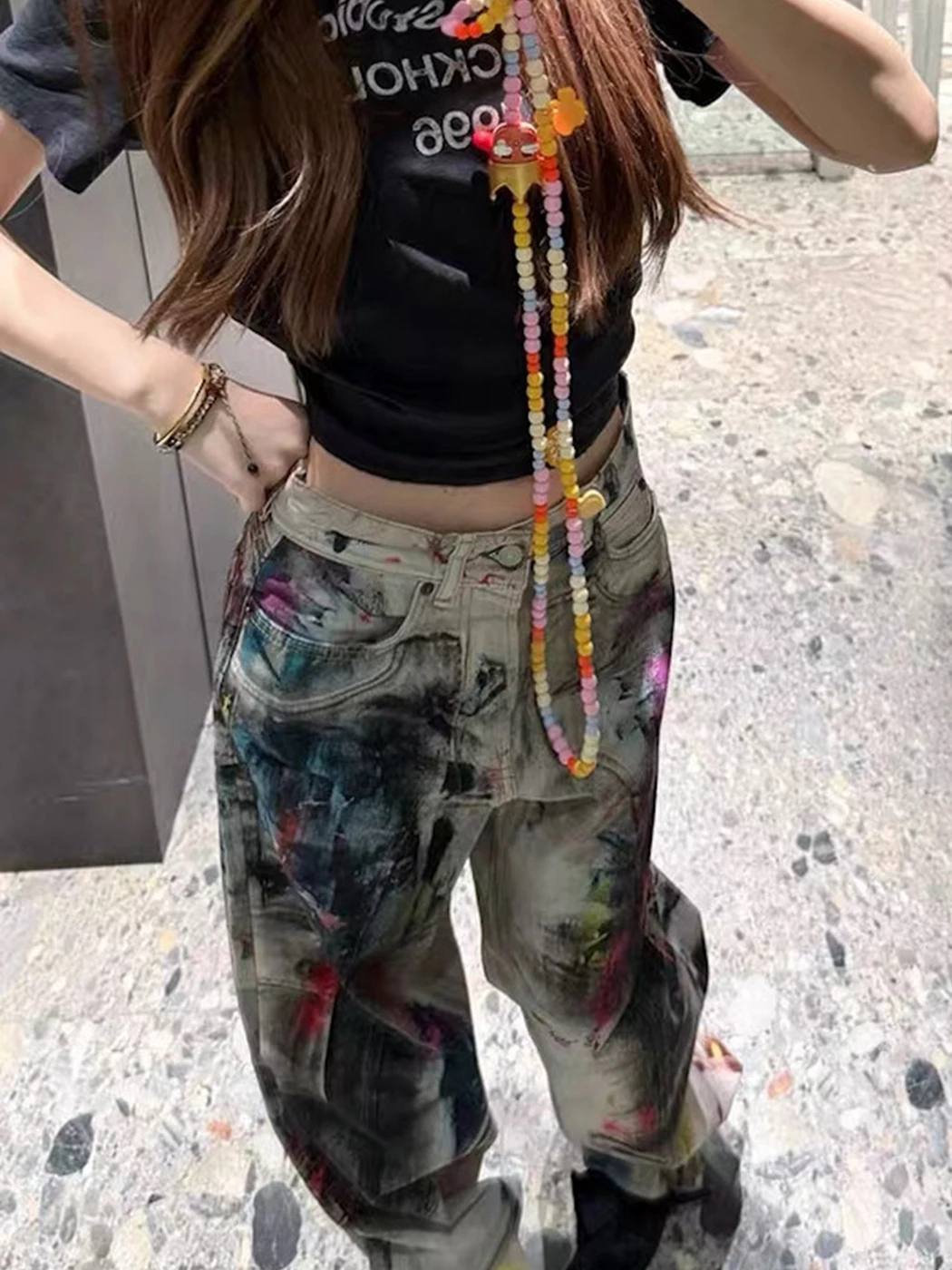 

Прямые джинсы с высокой талией, прямые джинсы fiti Tie Dye, цифровой принт, уличное искусство, износостойкие повседневные брюки для подростков