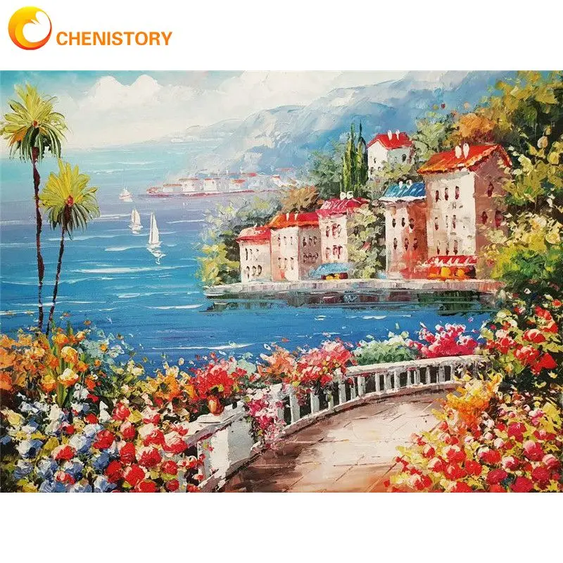 

CHENISTORY Oil Painting By Numbers Paint Kit Coloring By Numbers Coastal House Canvas Painting For Adult Gift Handmade Landscape