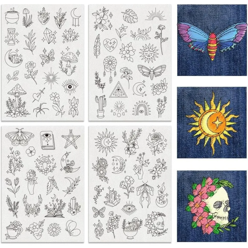 4 Sheets 79PCS Magic Theme Water Soluble Hand Sewing Stabilizers Boho Flower Leaves Tear Away Embroidery Stabilizers