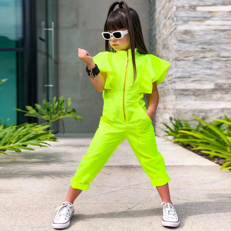 Summer Children\'s Clothing For Girl Dance Party Clothes Short Sleeve Green Jumpsuits For Kids Girls Zipper Bodysuits Overalls