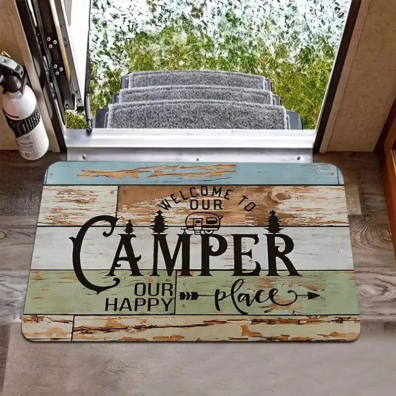 Welcome To Our Camper Our Happy Place RV Entrance Mat, Farmhouse Camping Decor for Caravan, Ideal Gift for RV Owners Welcome Mat