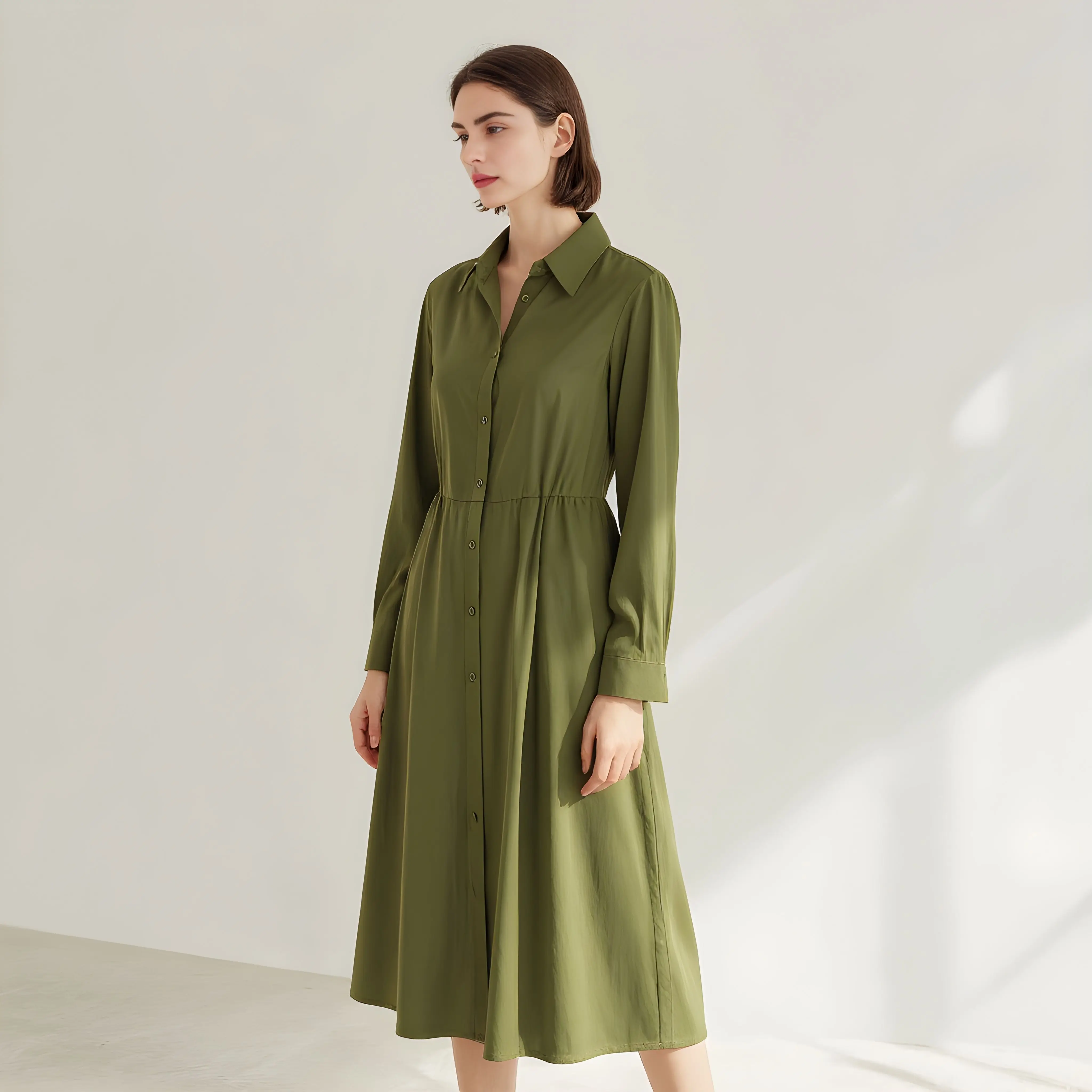 Autumn Winter Dress Casual Shirt Collar Mid-Length A-Line Skirt Style Women's Clothing Comfortable Fit Long Sleeve Dress