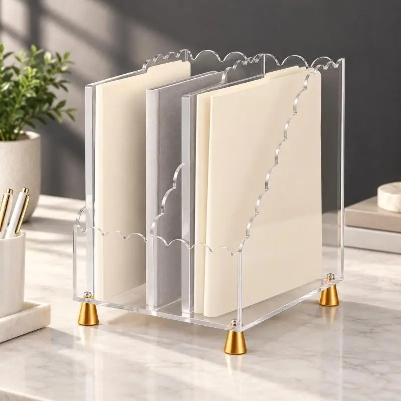 Transparent Acrylic Desktop File Sorter with Two Compartments and Gold-Tone Feet for Books, Documents, Magazines, and 896C